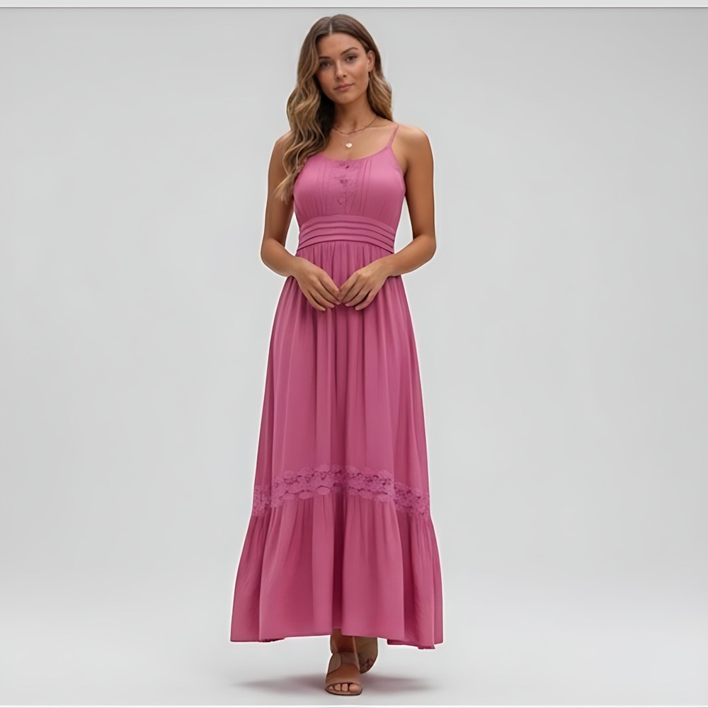 Boho Shirred Ruffle Lace Hem Maxi Dress Pink